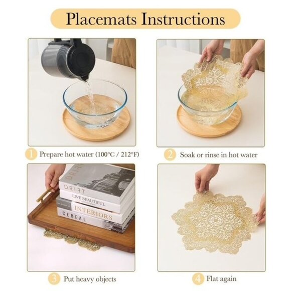 BACKTOEDEN Light Gold Round Placemats Set of 6 Washable Wipeable Heat Resistant - Picture 4 of 8